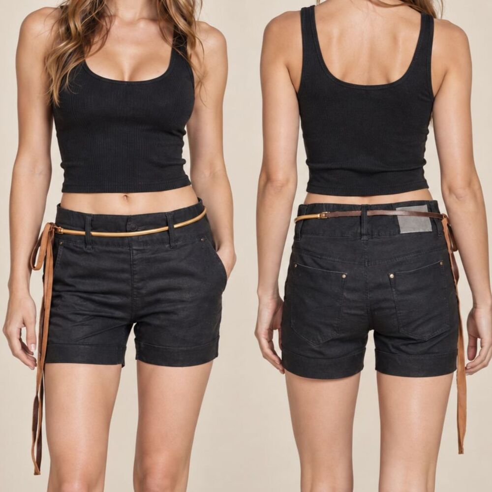 Black Coated Denim Shorts Size Small Jean Shorts Faux Leather Look